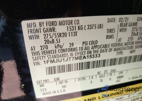 2021 Ford Expedition Xlt из США, поврежденный, VIN 1FMJU1JT7MEA15333